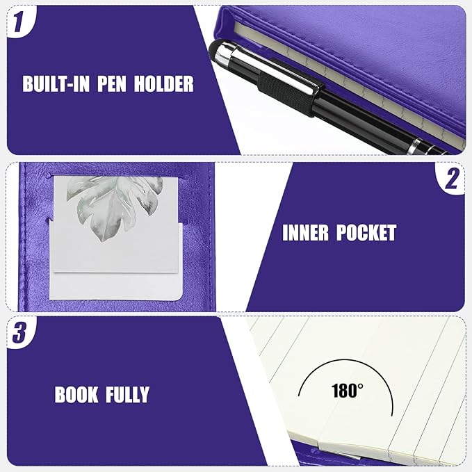 Outus 10 Pcs Pocket Notebook with Pen Set Included Mini Pocket Notepad Holder with 50 Lined Sheets, Metal Pen, 8 Pcs 3 x 5 Inch Memo Book Refills, 30 Lined Paper Per Note Pad (Purple)