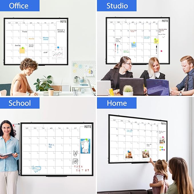 WALGLASS Dry Erase Calendar Whiteboard, 48" x 36" Monthly Large Dry Erase Calendar for Wall, Double-Sided Hanging White Board with Black Aluminum Frame for Home, School, Office, Kitchen