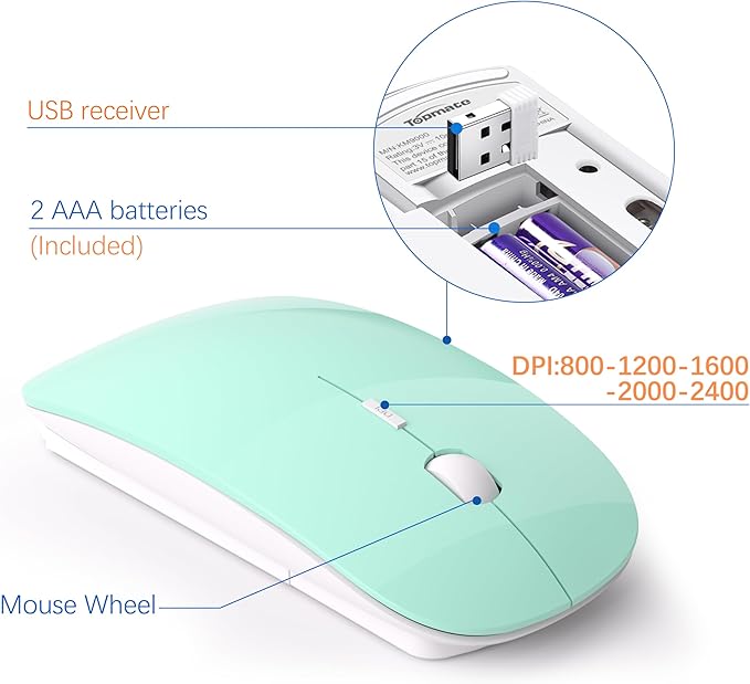 Wireless Keyboard and Mouse Ultra Slim Combo, TopMate 2.4G Silent Compact USB 2400DPI Mouse and Scissor Switch Keyboard Set with Cover, 2 AA and 2 AAA Batteries, for PC/Laptop/Windows/Mac - Mint Green
