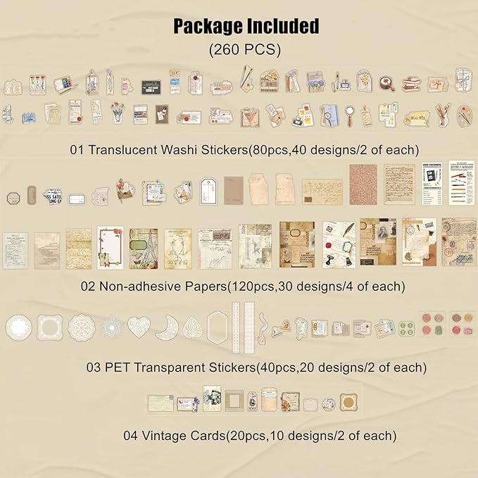 260PCS Vintage Journaling Scrapbooking Supplies Scrapbook Sticker Paper Ephemera Pack for Bullet Junk Journal Planners Collage Craft Notebooks Album (Pen Ink and Letter)