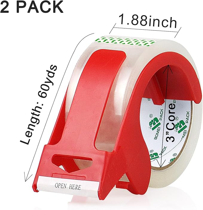 BOMEI PACK Heavy Duty Clear Packing Tape,2 Rolls with refillable Dispenser,Noiseless Packaging Tape 1.88 Inches x 55 Yards,Industrial Grade Boxes Shipping Tape for Moving,Mailing and Storages