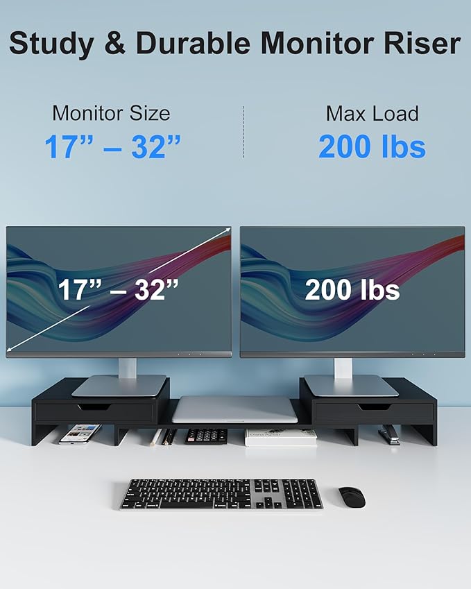 Dual Monitor Riser with Two Drawers for Desk, Bamboo Monitor Stand Riser with Storage, Desk Shelf for Computer, IMac & Laptop, No Assembly Required, Black