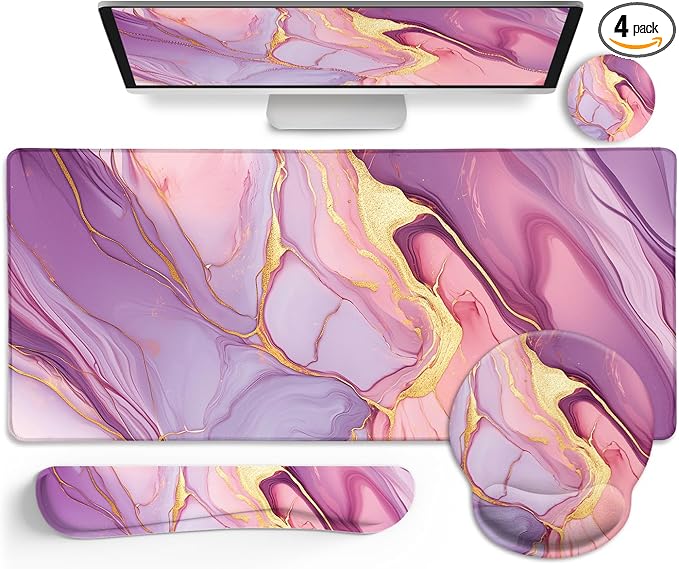 Marble Mouse Pad Set Large Desk Matt for Desktop, Ergonomic Mouse Pad with Wrist Rest for Gaming Wrist Support Keyboard Mat Cup Coaster Set Office Desk Decor Accessories