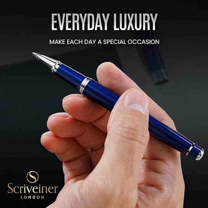 Scriveiner Midnight Blue Rollerball Pen - Stunning Blue Lacquer Luxury Pen, Chrome Finish, Schmidt Ink Refills, Men & Women, Professional, Executive Office, Nice Pen