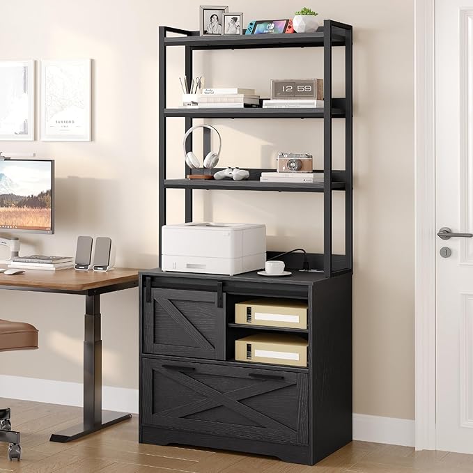 File Cabinet with Charging Station, Vertical Filing Cabinet with Shelves, Black File Cabinet for Home Office, Printer Stand with Open Storage Shelves & Barn Doors, Fits A4/Letter Files