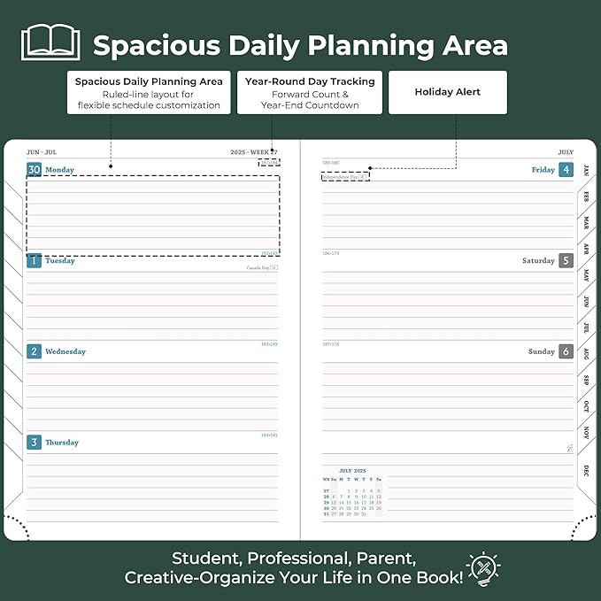 Planner 2025-2026 Daily Weekly and Monthly,11.5"x8.5",18 Months Spiral Bound Calendar Agenda with Self-adhesive Pen Holder,2026 Academic Plan with Vegan Leather Soft Cover,Green