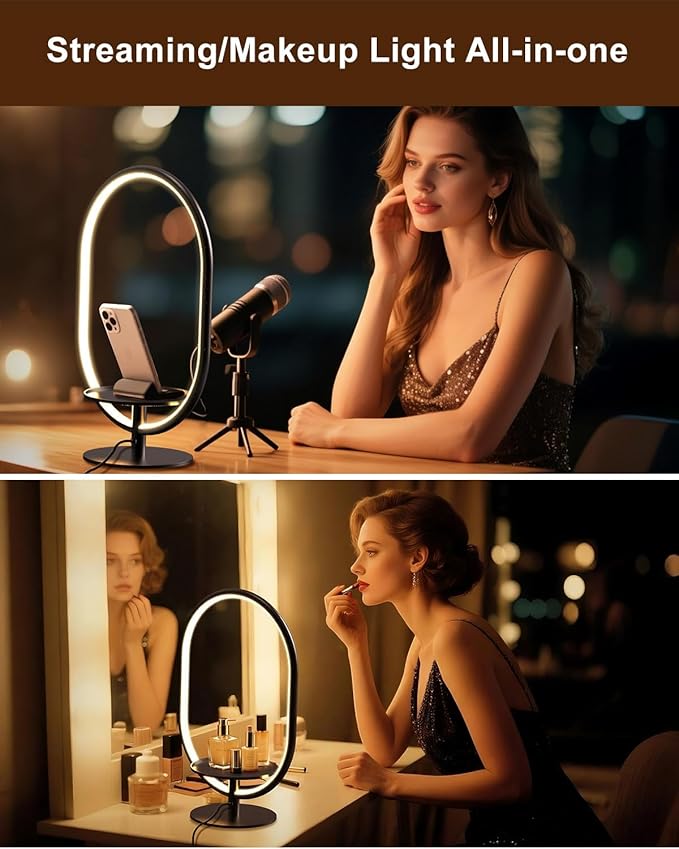 Modern LED Table Lamp with Storage Tray, Bedside Lamp with 3 Color Temperatures 10-Level Dimmable for Video Conference/Makeup/Streaming/Plants, LED Desk Lamp for Living Room Bedroom Office Decor