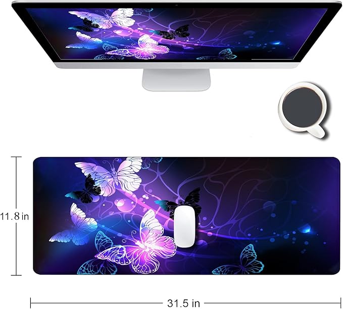 Gaming Mouse Pad, Large Mouse Pads for Women, Non-Slip Rubber Base Mousepad, Keyboard Mouse Mat, Desk Pad with Stitched Edges, 31.5x11.8inch, Purple Butterfly