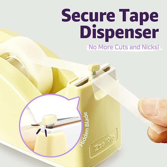 Cute Safety Tape Dispenser (Purple) 1" Core - Easy, One-Hand Use Roller With Hidden Blade and Non-Skid Pad - Cute School and Office Supplies - Refillable - Tape Included