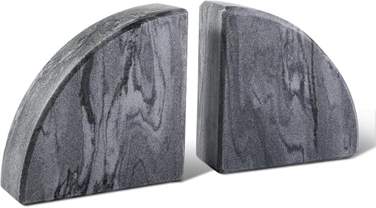 Marble Bookend for Shelves, Non-Skid Bookends for Heavy Books, Heavy Duty Book Stopper for CDs, Luxury Book Shelf Holder, Quarter Circle Design Book Ends Decorative, Monte Grigio, Set of 2