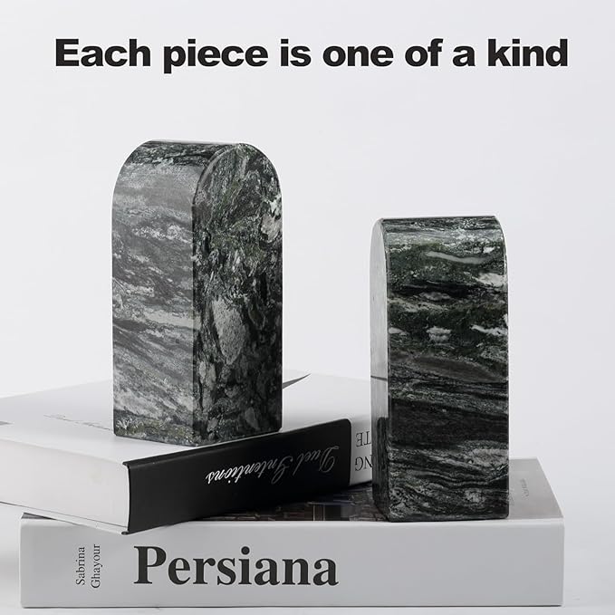 Koville Natural Marble Bookends for Shelves, Decorative Book Ends, 7lbs Heavy-Duty Marble Book Holders, Bookshelf Apartment Decor for Normal Books/CD/Video Games(Olive Green)