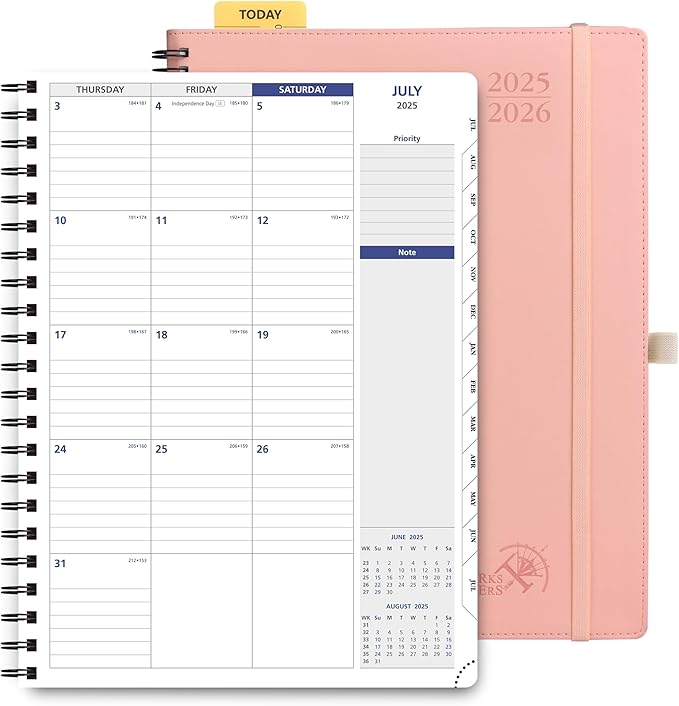 POPRUN 2025-2026 Monthly Planner Spiral Bound, 8.5'' x 11.25'' Academic Calendar (July 2025-July 2026) Appointment Book with Stair Tabs, Leather Cover, 4 Pages per Month with Notes - Soft Pink