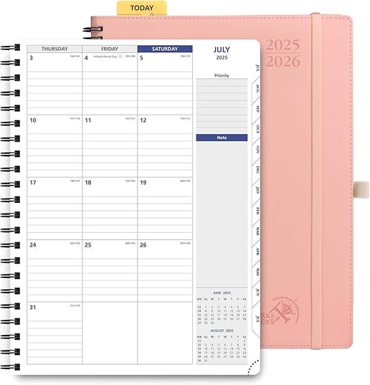 POPRUN 2025-2026 Monthly Planner Spiral Bound, 8.5'' x 11.25'' Academic Calendar (July 2025-July 2026) Appointment Book with Stair Tabs, Leather Cover, 4 Pages per Month with Notes - Soft Pink