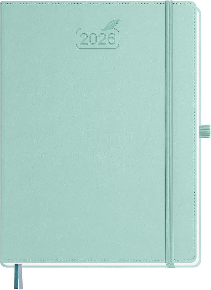 BEZEND 2026 Planner Weekly and Monthly (8.5" x 11") Daily Calendar with Half-Hourly Timeslots & Tab (Jan-Dec) Note & Expenses, Pen Holder, Inner Pocket, Vegan Leather Hardcover - Mint Green