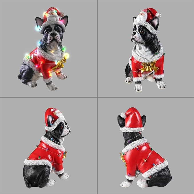 Christmas Outdoor Decoration Dog Statue, LED Light Cute French Bulldog Sculpture with Santa Outfit & Lights for Garden and Yard, Indoor Holiday Décor Gift for mom and dad
