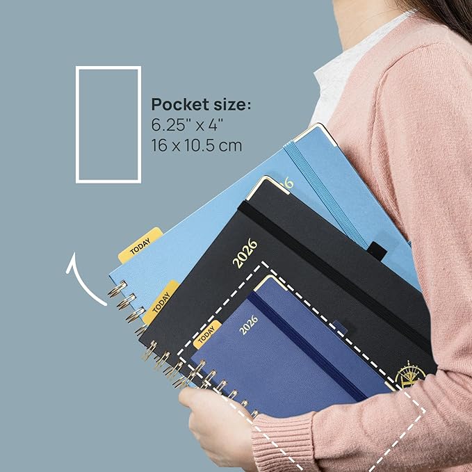 POPRUN 2026 Planner (Pocket Size 4''x 6.25'' Wire-Bond Hard Cover) Calendar Weekly and Monthly (Jan.2026-Dec.2026) Small Planner with Hourly Time Slots, for Purse, 100 GSM - Orange