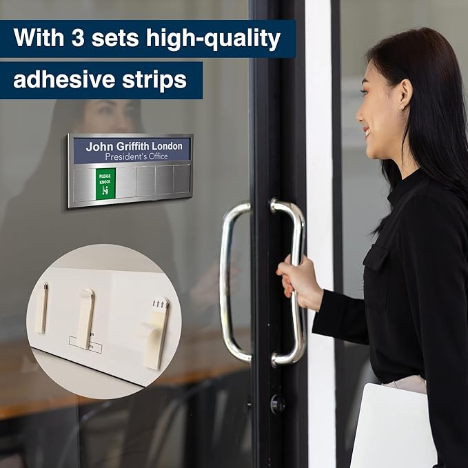 Name Plate for Desk& Office Door Sign, 6 Options Do Not Disturb, In A Meeting, Out of Office, Working Remotely, Please Knock, Stick or Stand with Desk Name Plate, Brushed silver