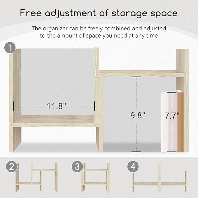 Jerry & Maggie Desktop Organizer Office Storage Rack Adjustable Wood Display Shelf Free Style Double H, Multi-Functional Mini Bookshelf for Desk Natural Stand (White Wood Tone)