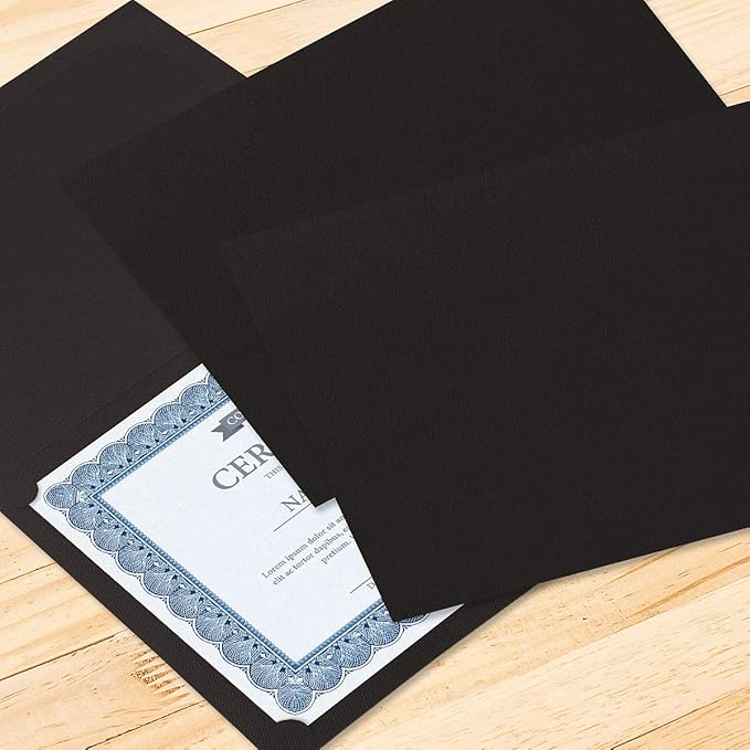 Plain Black Certificate Folders - Pack of 25, Linen Cover 80 lb. Stock, Folded, Die-Cut Corners, for Office, Business Awards, Graduation, School Diploma Holder, 9-1/2" x 12"