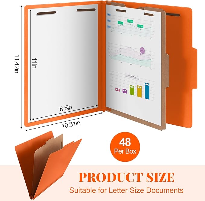 Skyygemm 48 Pcs Classification Folders Letter Size, 1 Divider Pressboard File Folder with Fasteners, Expanding File Organizer Bulk for Teachers, Clergy, Office, Church, Christmas Donations (Orange)