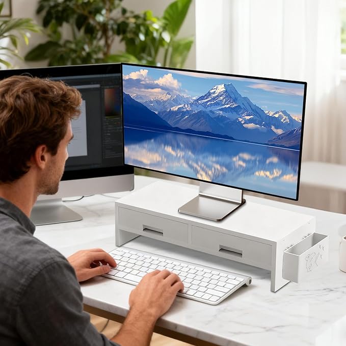 Monitor Stand Riser - Double Drawer Ergonomic Organizer for Desk, Authentic Computer Monitor Riser with Storage, Desktop Accessory for Family Friends Home Offices Indoor Study Room