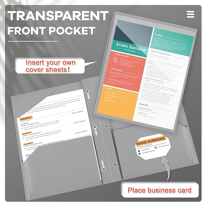 Henoyso 18 Pcs Plastic Folder with Clear Front Pocket and 3 Prong Plastic Folders with Card Slot Pocket Folders with Prongs for School Office (Gray)