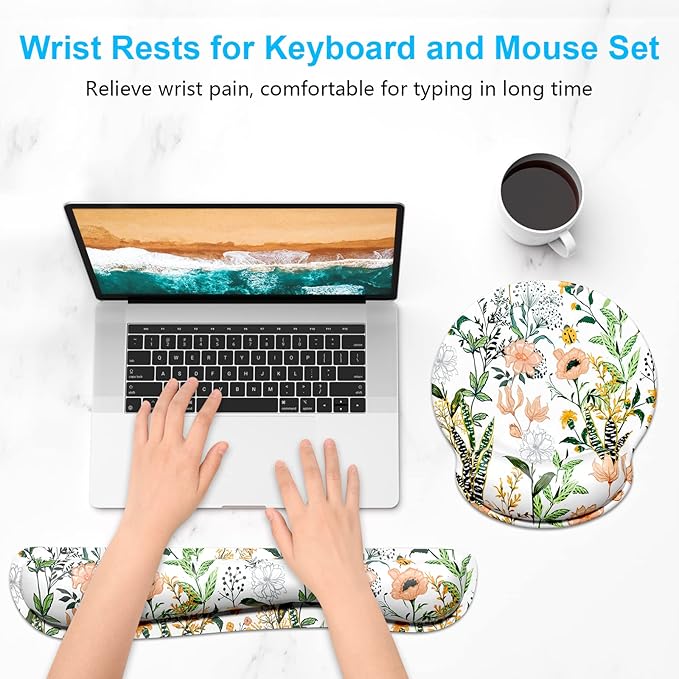 Dapesuom Keyboard Wrist Rest and Mouse Pad with Wrist Support, Cute Memory Foam Cushion for Keyboard and Mouse Set, Desktop Pad Rests with Non Slip Base for Easy Typing & Pain Relief, White Floral