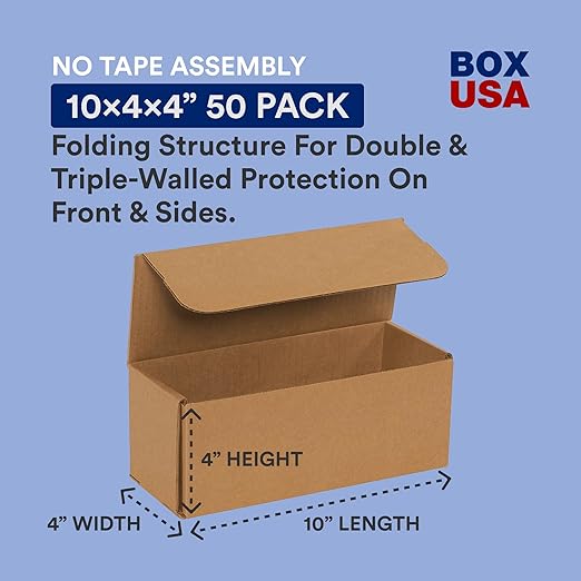 BOX USA Shipping Boxes Small 10"L x 4"W x 4"H, 50-Pack | Corrugated Cardboard Box for Packing, Moving and Storage