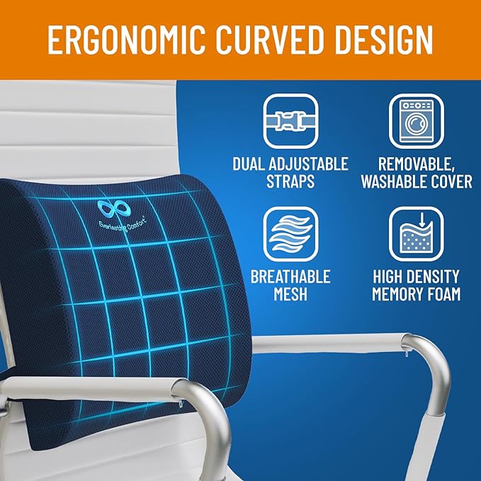 Everlasting Comfort Lumbar Support Pillow for Office Chair - Memory Foam Back Cushion for Car Seat - Promotes Better Posture, Back Pain Relief - Ideal Gaming and Desk Chairs Work and Home Essentials