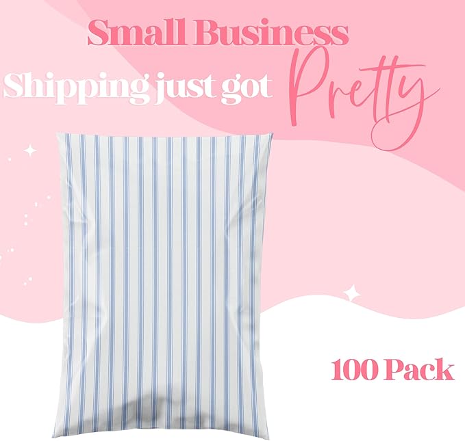 14.5x19 Designer Poly Mailer 100 Pack Heavy Duty Waterproof Self Seal Shipping Bags for Small Business Large Mailing Envelopes Bulk Tear Resistant Packaging Blue Stripe