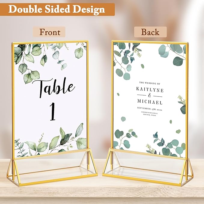 Floroom 12 Pack 4x6 Inch Clear Acrylic Sign Holders, Double-Sided Gold Display Stand Picture Frames for Table Numbers, Menus, Flyers, Weddings, and Offices
