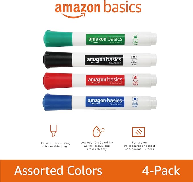 Amazon Basics Low-Odor Chisel Tip Dry Erase Whiteboard Marker, Pack of 4, Black, Red, Green, Blue
