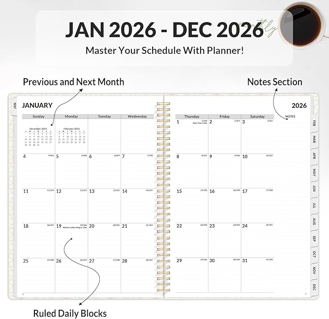 SUNEE Planner 2026 Weekly and Monthly, January 2026-December 2026, 8.5"x11", Tabs, Note Pages,Spiral Binding, Sage Green
