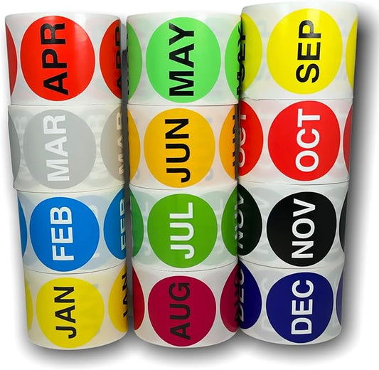 Months of The Year Labels - All 12 Months (1 Roll of Each Month) 2-inch Round Self-Adhesive Inventory Stickers, 12 Rolls with 500 Labels/Roll