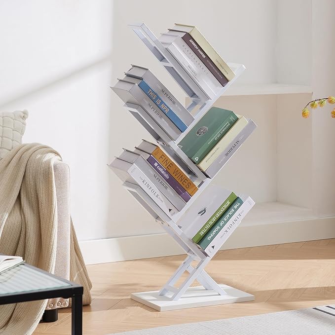 5 Tier Tree Bookshelf, Floor Standing Bookshelf for Narrow Space,Storage Organizer Bookshelves for Books/CDs/Magazine, Bookcase with Shelves for Home Office, Living Room- White