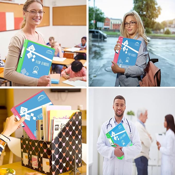 4 Pack 1.5 Inch 3 Ring Binder with Pockets - Extra Durable Round Ring Binders for 8.5" x 11" Paper, PVC-Free， School & Office Supplies, Assorted Colors