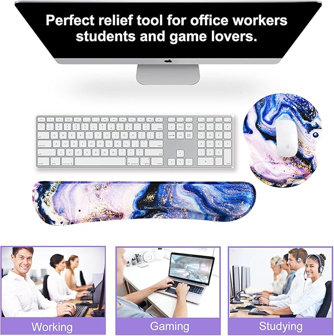 ArtSo Upgraded Wrist Rest Support for Mouse Pad & Keyboard, Ergonomic Gel Mousepad Non-Slip Rubber Base Home,Office Pain Relief & Easy Typing Cushion Neoprene Cloth & Soft Memory Foam, Purple Marble