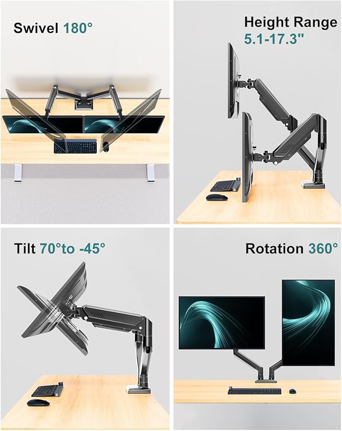 Dual Monitor Desk Mount - Adjustable Monitor Arm for 2 Monitors up to 32 inches/19.8 lbs, Double Monitor Desk Stand VESA Bracket with C-Clamp & Grommet Mounting, Swivel Computer Screen Mount, Freelift