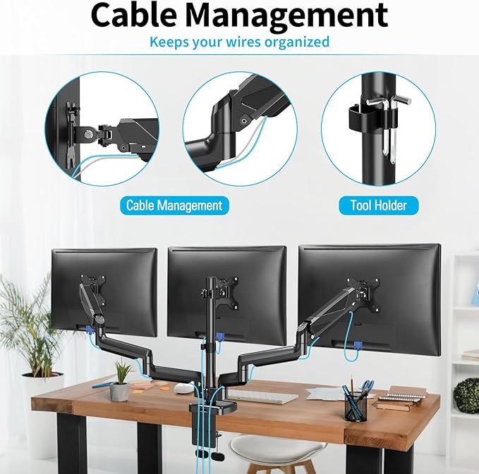 MOUNTUP Triple Monitor Mount, Three Monitor Desk Mount for Max 27 inch Computer Screens, Triple Monitors Stand with Gas Spring, Monitors Arm with Swivel, Tilt, Rotation, Each Arm Holds 4.4-19.8 lbs