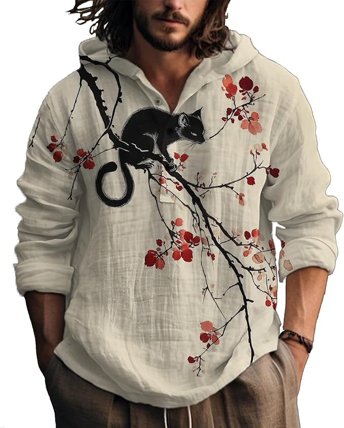 MARSVOVO Hooded Long Sleeve Shirt Men Fashion Graphic Button Up Lightweight Big and Tall Casual Vacation Shirts for Men