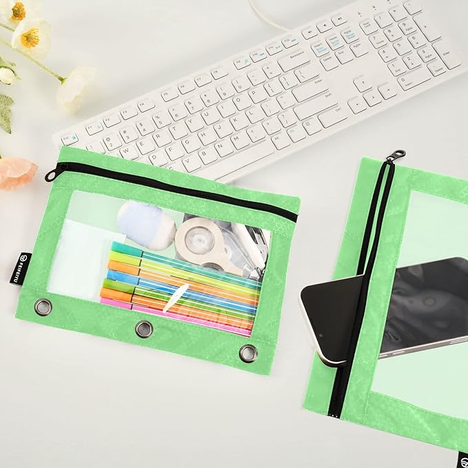 Gredecor Binder Pencil Pouch 3 Ring Light Green Zipper Pencil Pouches Case 2 Pack Clear Binder Organizer for School Office