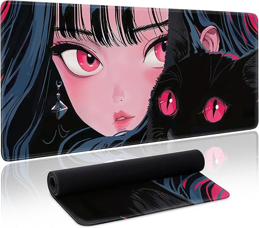 Cute Girl Cat Mouse Pad Anime Large Desk Mat Extended Keyboard Mouse Pad Kawaii Mousepad with Non-Slip Base and Stitched Edge Gaming Mouse Mat Desk Pad 31.5 X 11.8 in Mouse Pads for Desk Home Office