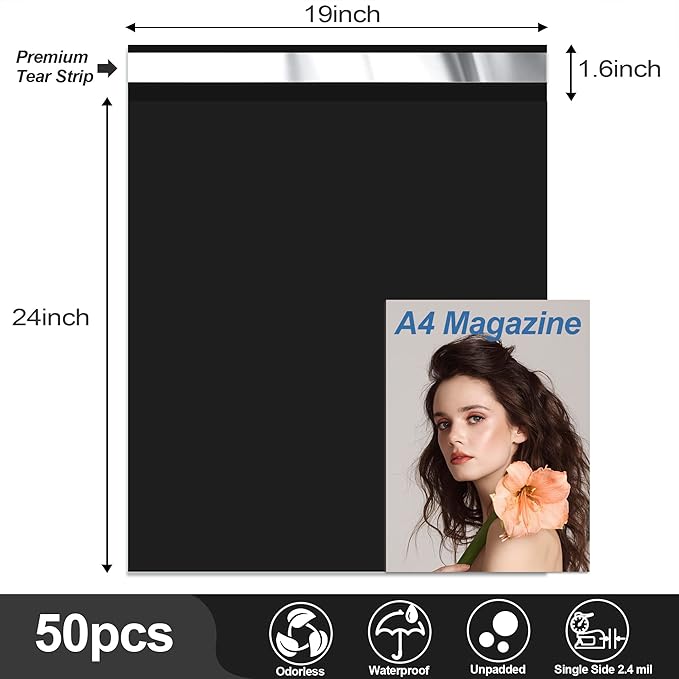 JinRuiKJ Thank You Poly Mailer 19x24 Inch 50 PCS, Shipping Bags for Clothing, Packaging Bags for Small Business, Strong Adhensive, Waterproof and Tear-Resistant Mailing Envelopes, Black