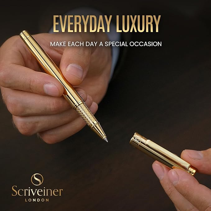Scriveiner Gold Rollerball Pen - Stunning Luxury Pen, Real Gold Plating, Schmidt Ink Refill, Best Roller Ball Pen Gift Set for Men & Women, Professional, Executive Office, Nice Pens