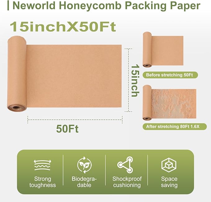Neworld Honeycomb Packing Paper,Eco Friendly Bubble Cushioning Wrap for Moving,Products & Gifts Wrapping Paper,Recyclable Cushioning Packing Material (15" x 50') With 20 Fragile Sticker Labels