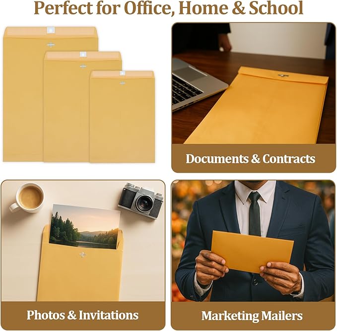 3 Sizes Clasp Envelopes Security Mailing Envelopes with Metal Clasps Kraft Paper Envelopes for Office, School, Home, Shipping Documents, Photos, Mailers (12 Packs)
