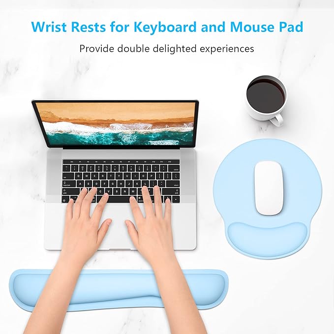 Dapesuom Keyboard Wrist Rest and Mouse Pad with Wrist Support, Memory Foam Cushion for Keyboard and Mouse Set, Ergonomic Desktop Pad Rests with Non Slip Base for Easy Typing & Pain Relief, Sky Blue