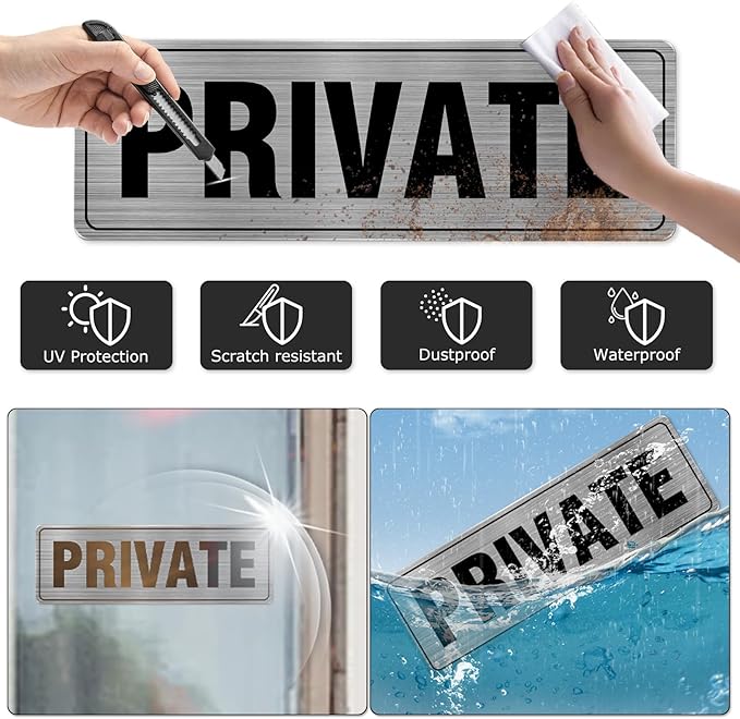 Private Sign Aluminum Silver 9 x 3 Inches Self-Adhesive Waterproof Metal Door Wall Sign for Business Offices 4 Pack