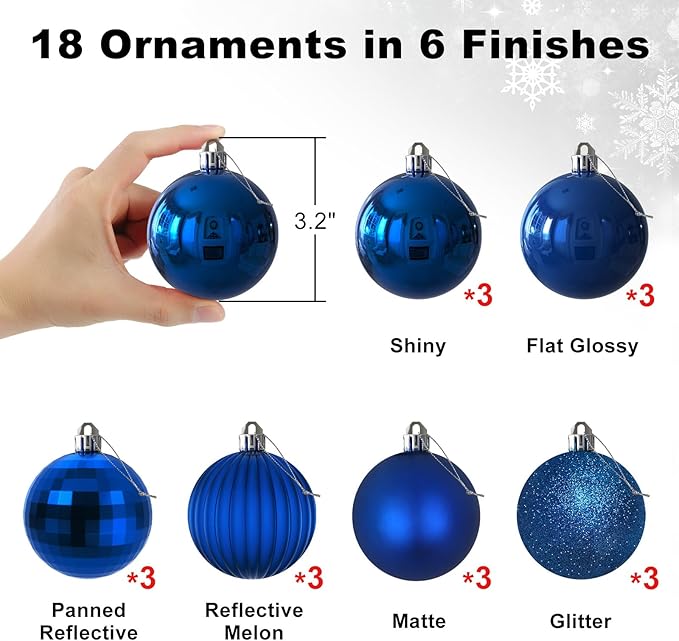 Royal Blue 3.2" Large Christmas Balls - Christmas Tree Decoration Ornaments Shatterproof Hanging Balls for Birthday Halloween Holiday Wedding Decorations Set of 18pcs