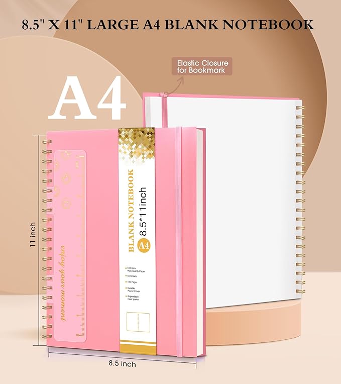 Blank Spiral Notebook Journal 8.5” x 11”, A4 Large Pink Sketch Book for Women Men, 100 GSM Blank Paper Drawing Notebook, Plastic Hardcover Spiral Bound Sketchbook for Sketching Work School Writing
